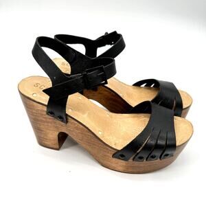 Schutz Black Leather Wooden Wedge Platform Heel // 6